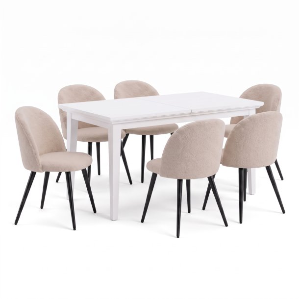 Venedig ensemble pour salle � manger table blanc 95x180/276 incl. 2 rallonges et 6 chaises boucl� beige.