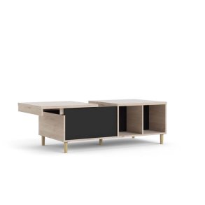 Penny Couchtisch mit ausziehbarer Deckplatte und 2 F�chern Hickory-Dekor und matt schwarz.