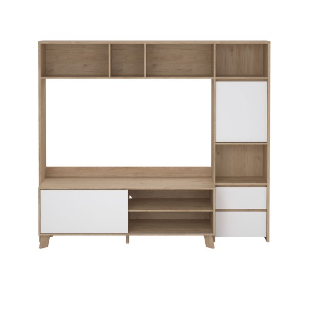 Next reol system til TV 1 lge, 1 skydelge, 2 skuffer eg dekor, hvid hjglans.