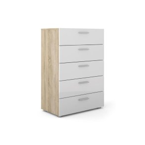 Petra kommode 5 skuffer eg struktur dekor og hvid hjglans.