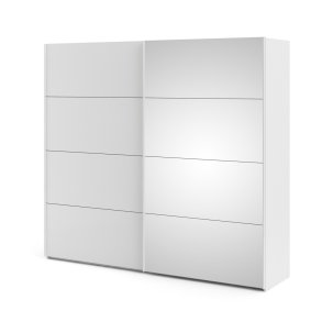 Veto Schiebetrenschrank B243 cm 1 Tr und 1 Spiegeltr wei und wei hochglanz.