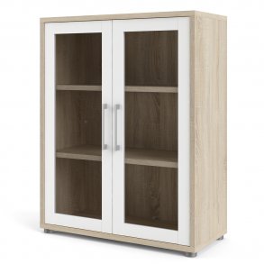 Prisme kontorreol med 2 glassdrer, eik dekor, hvit