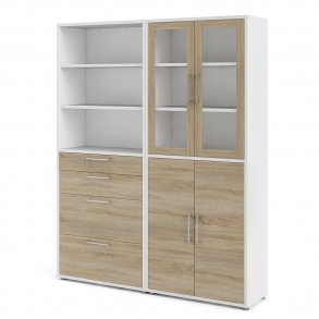 Prisme Büroregal 2 Ablagen, 4 Schubladen, 2 Glastüren und 2 Holztüren weiss, Eiche Dekor