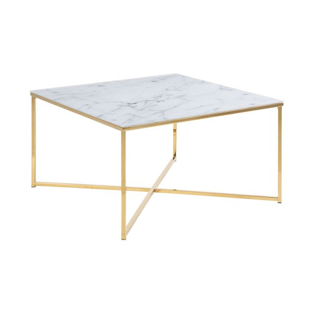 Almaz sofabord 80 x 80 cm i glas med marmor print i hvid og ben i gylden chrome.