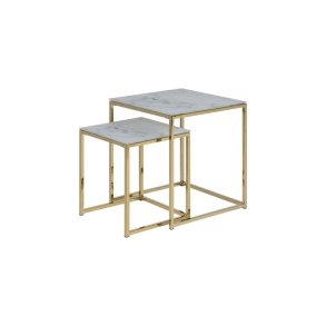 Almaz indskudsborde 2 stk. i glas med marmor print i hvid og ben i gylden chrome.