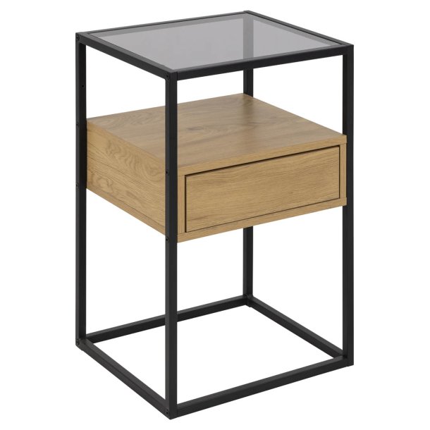 Randolf nattduksbord 1 hylla, 1 lda, glas rgfarvet, vild ek dekor.