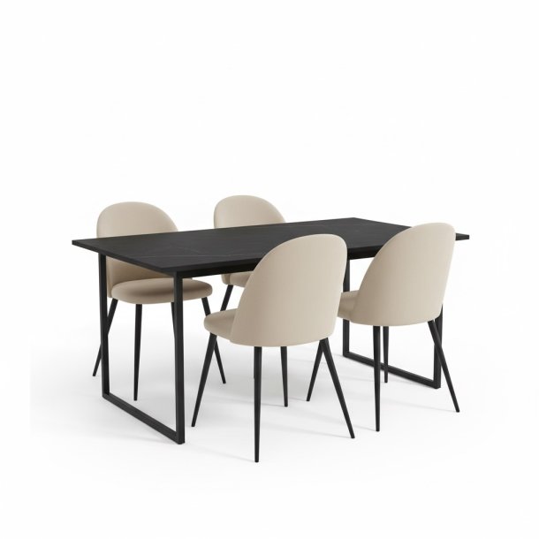 Tilst Essgruppe Tisch schwarz Marmor Print 90x160 4 Sthlen Velour beige.