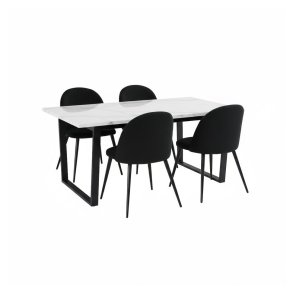 Tilst matgrupp matbord vit marmortryck 90x160 4 stolar velour svart.