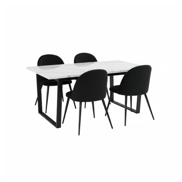 Tilst matgrupp matbord vit marmortryck 90x160 4 stolar velour svart.