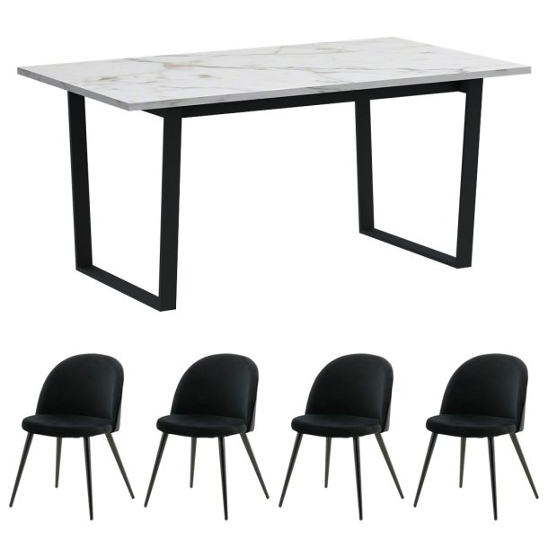 Tilst ensemble pour salle  manger table  manger impression marbre blanc 90x160 4 chaises velours noir.