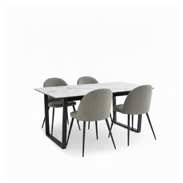 Tilst matgrupp matbord vit marmortryck 90x160 4 stolar velour gr.