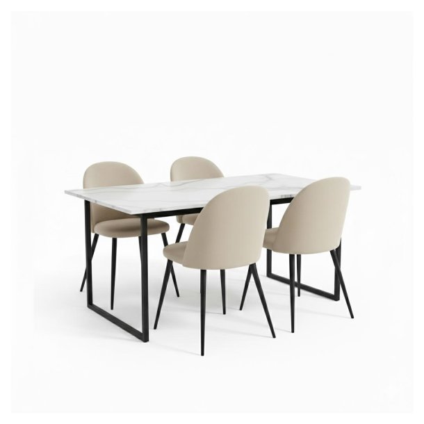 Tilst matgrupp matbord vit marmortryck 90x160 4 stolar velour beige.
