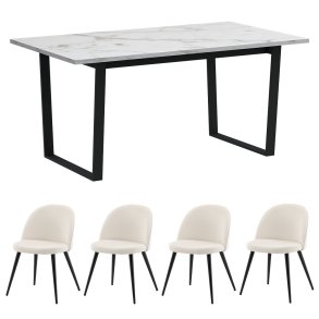 Tilst matgrupp matbord vit marmortryck och 4 stolar sammet beige.