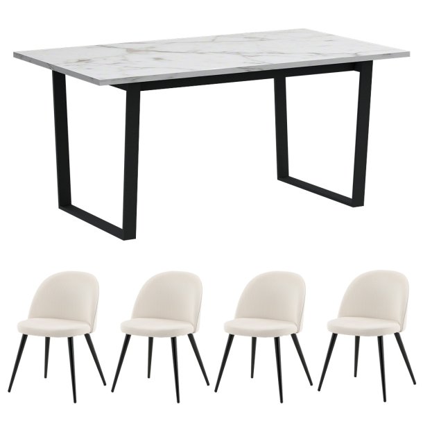 Tilst matgrupp matbord vit marmortryck och 4 stolar sammet beige.