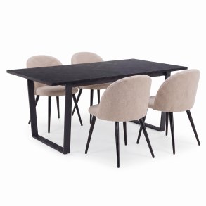 Tilst ensemble pour salle � manger table effet marbre noir 90x160 et 4 chaises boucl� beige.