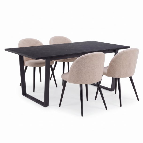 Tilst ensemble pour salle � manger table effet marbre noir 90x160 et 4 chaises boucl� beige.