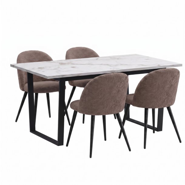 Tilst ensemble pour salle � manger table effet marbre blanc 90x160 et 4 chaises boucl� marron.