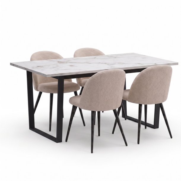 Tilst ensemble pour salle � manger table effet marbre blanc 90x160 et 4 chaises boucl� beige.