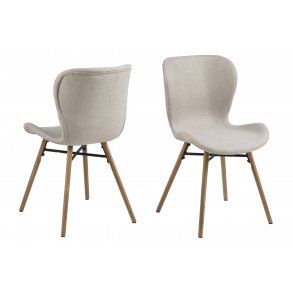 Bali Esszimmerstuhl Stoff sandfarben und massiven Beinen aus Eiche.