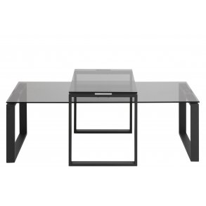 Kate Couchtisch Set Rauchfarbenes Glas und Metall matt schwarz.