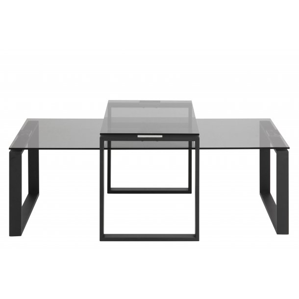 Kate Couchtisch Set Rauchfarbenes Glas und Metall matt schwarz.