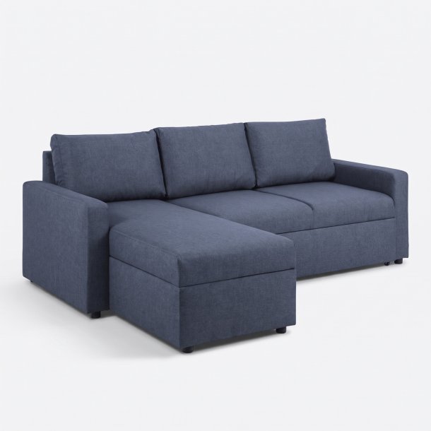 Sander Schlafsofa mit Ottomane, Aufbewahrung und Auszug blau.