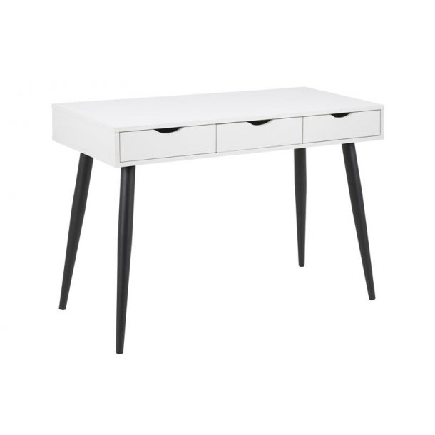 Nete skrivebord med 3 skuffer i hvid og sorte metal ben.