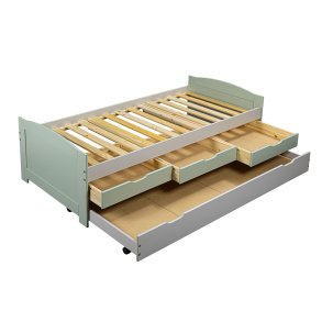 Prati Bett 3 kleine Schubladen mit 1 ausziehbares Bett hellgrau, minzgrn.