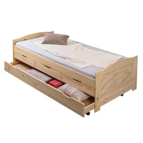 Marinella Einzelbett 90x200 Bett mit Lattenrost, 3 kleinen und 1 grosse Schublade/Gstebett, natur.