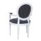 Rokokko spisestol med armlener i hvit med svart stripet stoff.