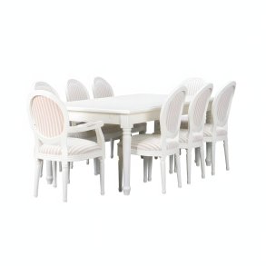 Amaretta Essgruppe 100x180/280 einsch. 2 Zusatzplatten antik wei� mit 2+6 Rokoko St�hlen antik weiss/beige.