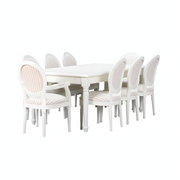Amaretta Essgruppe 100x180/280 einsch. 2 Zusatzplatten antik wei� mit 2+6 Rokoko St�hlen antik weiss/beige.