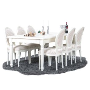 Amaretta matgrupp 100x180/280 med 2 iläggsskivor antik vit och 6 st Rokoko matstolar antik vit/beige.