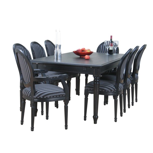 Amaretta spisegruppe 100x180/280 inkl. 2 tilleggsplate svart m 2+6 Rokokko stole antikk svart/svart.