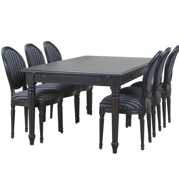 Amaretta Essgruppe100x180/280 einschl. 2 Zusatzplatte schwarz mit 6 Rokoko St�hlen antik schwarz/sch
