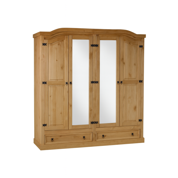 New Mexico 4-door wardrobe with 2 mirror doors, 2 filling doors and 2 drawers. Width 194 cm, height 193 cm lye/wax.