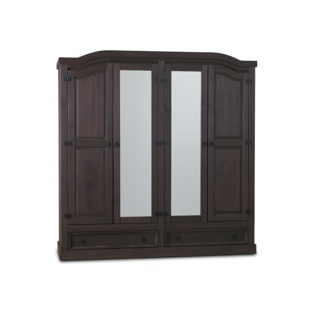 New Mexico 4-door wardrobe with 2 mirror doors, 2 filling doors and 2 drawers in colonial stained wax.