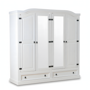 New Mexico Kleiderschrank 4-t�rig mit 2 Spiegelt�ren, 2 F�llungst�ren und 2 Schubladen, Breite 194 cm, H�he 193 cm, weiss/gewachst.