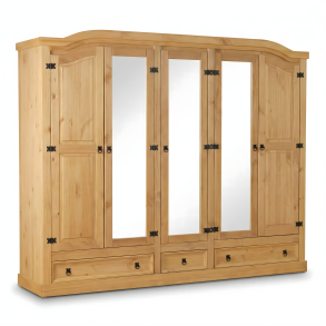 New Mexico Kleiderschrank 5 t�rig mit 3 Spiegelt�ren, 2 get�felten T�ren und 3 Schubladen, gelaugt, gewachst.