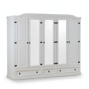 New Mexico Kleiderschrank 5 t�rig mit 3 Spiegelt�ren, 2 get�felten T�ren und 3 Schubladen in wei�, gewachst.