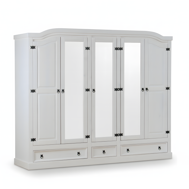 New Mexico wardrobe 5 doors with 3 mirror doors, 2 filling doors and 3 drawers in white, wax.