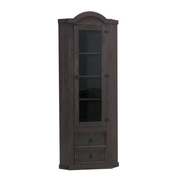 New Mexico corner cabinet with 1 glass door and 2 drawers in colonial stained wax.