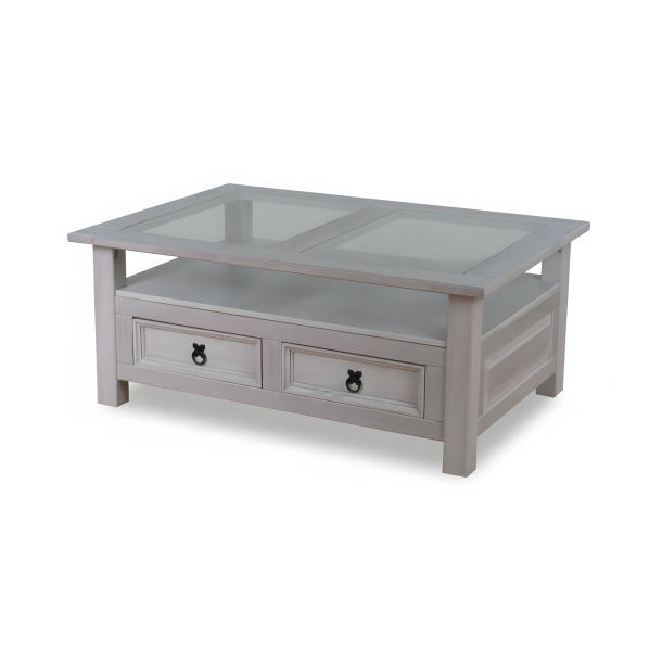 New MexicoCouchtisch mit 2 Schubladen in grau.