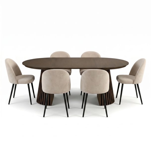 Tokyo Essgruppe Esstisch smoked, 6 St�hle aus beigem Velours.