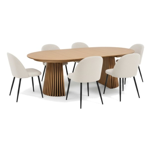 Tokyo matgrupp matbord natur, 6 stolar i beige sammet.