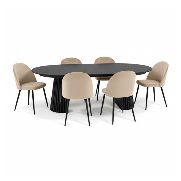 Tokyo matgrupp matbord svart, 6 stolar i beige velour.