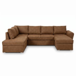 Stan U-formad b�ddsoffa med sch�slong p� h�ger sida, brunt PU konstl�der.