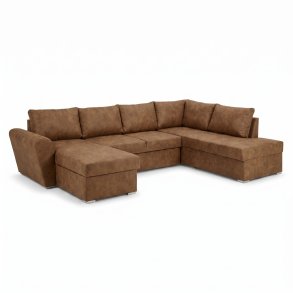 Stan U-formad b�ddsoffa med v�nsterv�nd sch�slong, brunt PU konstl�der.
