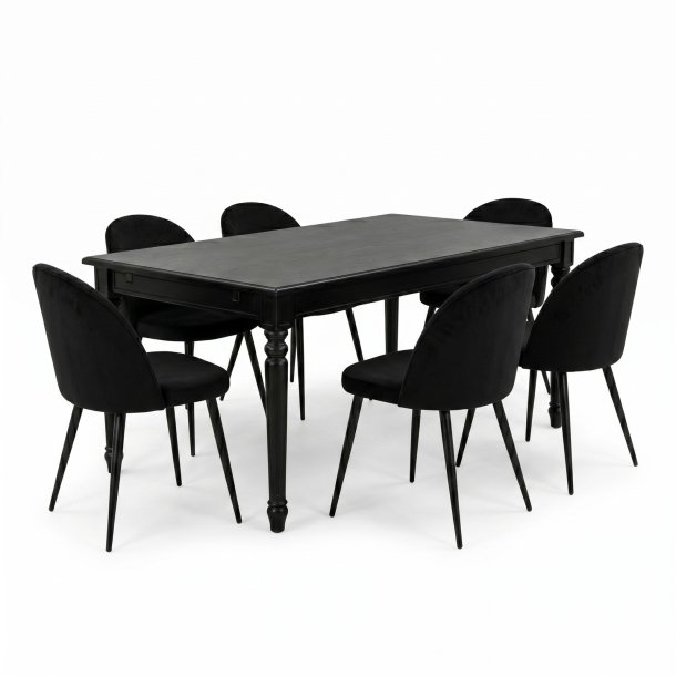Amaretta spisebordss�t bord sort 6 stole velour sort.