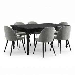 Amaretta Essgruppe Tisch schwarz 6 St�hle Velour grau.